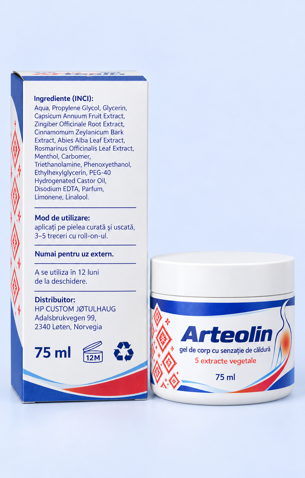 Cutia Arteolin cu lista ingredientelor și modul de utilizare în limba română, alături de flaconul roll-on