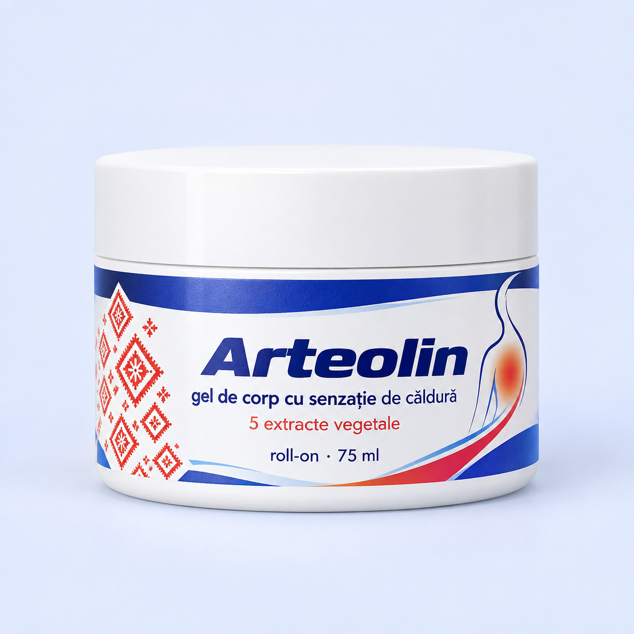 Flaconul Arteolin roll-on de 75 ml cu aplicator din trei bile, pe fundal albastru deschis